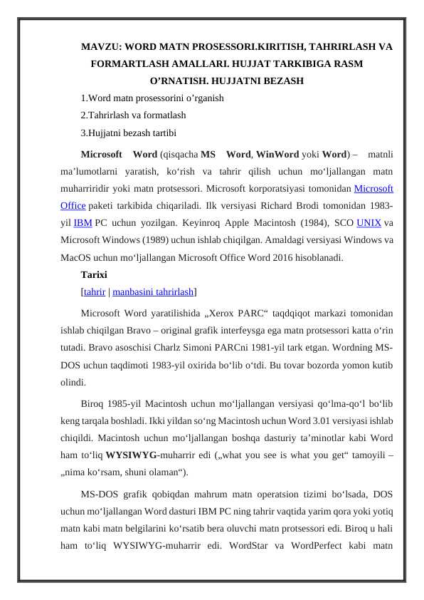 WORD MATN PROSESSORI.KIRITISH, TAHRIRLASH VA FORMARTLASH AMALLARI ...