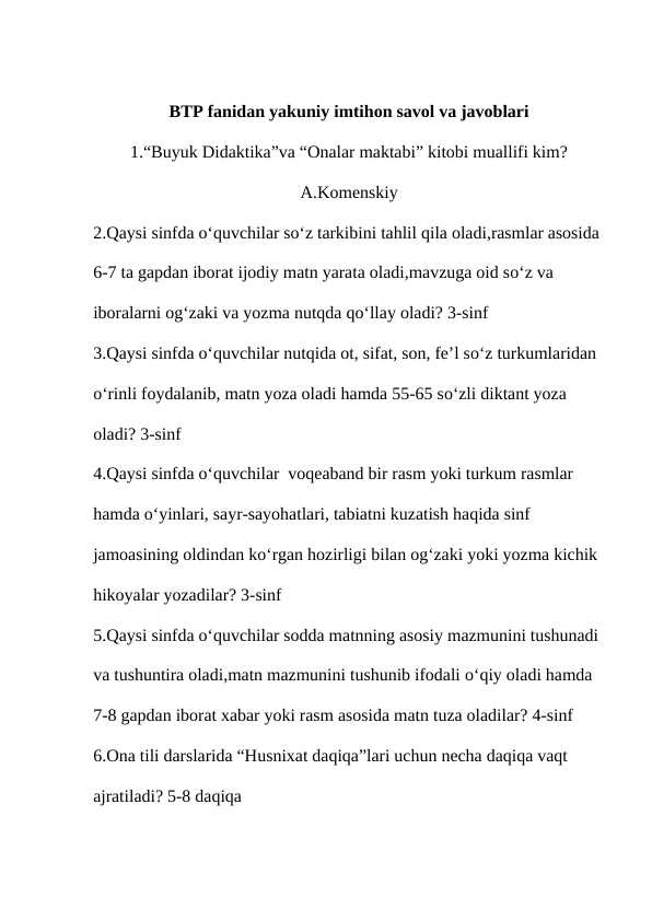 BTP fanidan yakuniy imtihon savol va javoblari