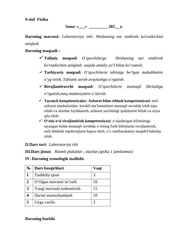 Shishaning nur sindirish ko'rsatkichini aniqlash 9-sinflar uchun
