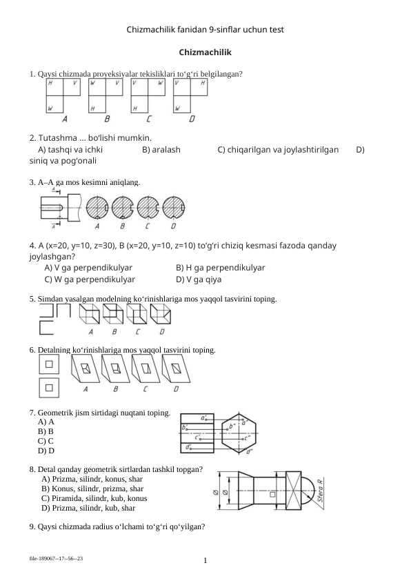 Chizmachilik fanidan 9-sinflar uchun test