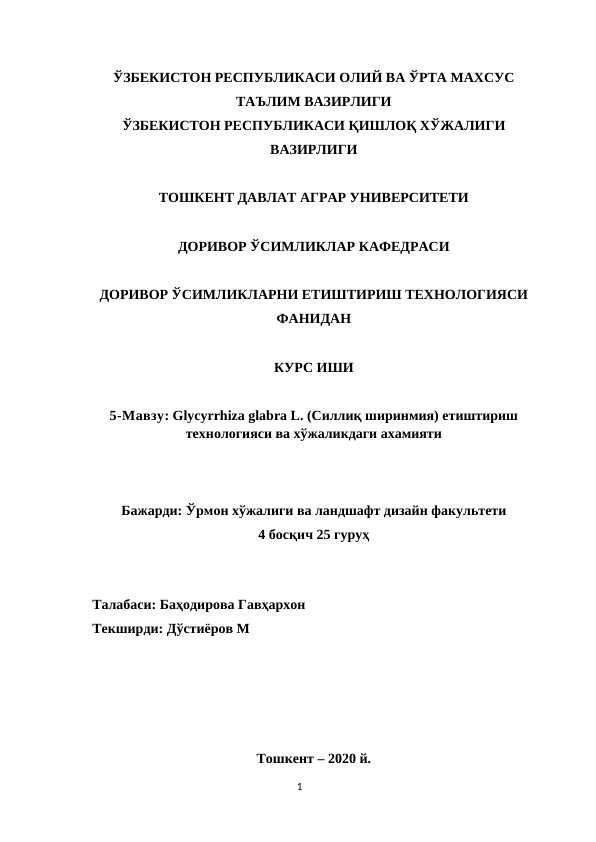 Glycyrrhiza glabra L. (Силлиқ ширинмия) етиштириш технологияси ва хўжаликдаги ахамияти