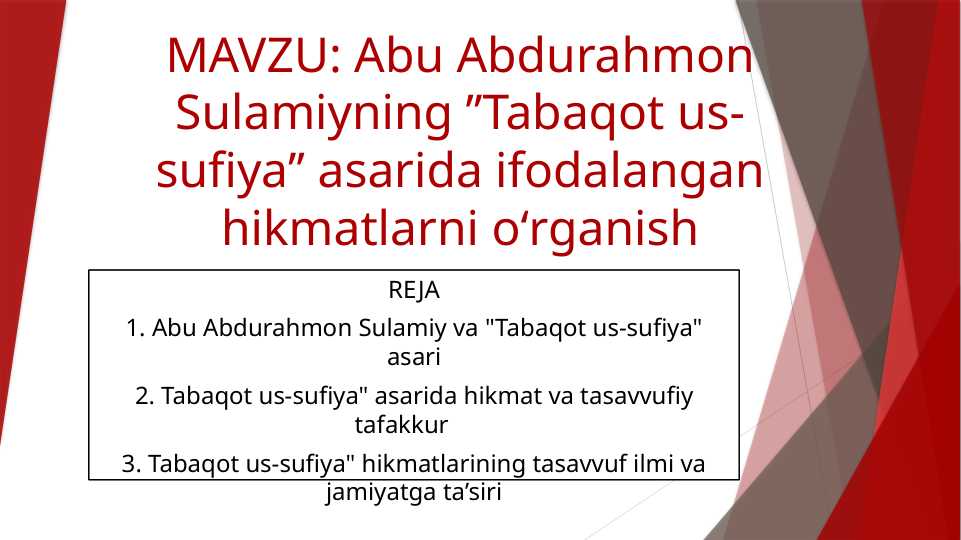Abu Abdurahmon Sulamiyning ʼʼTabaqot us-sufiyaʼʼ asarida ifodalangan hikmatlarni oʻrganish