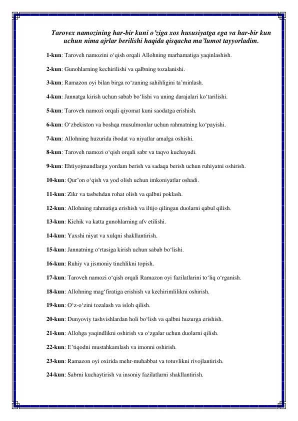 Tarovex namozining qisqacha 30 kunlik ajrlari ro'yxati