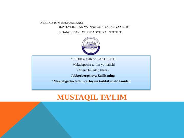 Sensor tarbiya tushunchasi.Sensor tarbiyaning mazmuni, maqsad va vazifalari.Sensor tarbiya usullari. Mariya Montessorining sensor tarbiyani rivojlantirish metodikasi. Ahloq tushunchasi.Ahloq normalari.Ahloqiy tushunchalar:ahloqiy ong,ahloqiy qadriyatlar,ahloqiy his-tuyg’ular. Jismoniy tarbiya tushunchasi.Jismoniy tarbiyaning asosiy tushunchalari:”jismoniytarbiya”,”jismoniy barkamollik”, “badantarbiya”,”jismoniy rivojlanish”. Aqliy tarbiya haqida tushunchasi.Aql kategoriyalari.