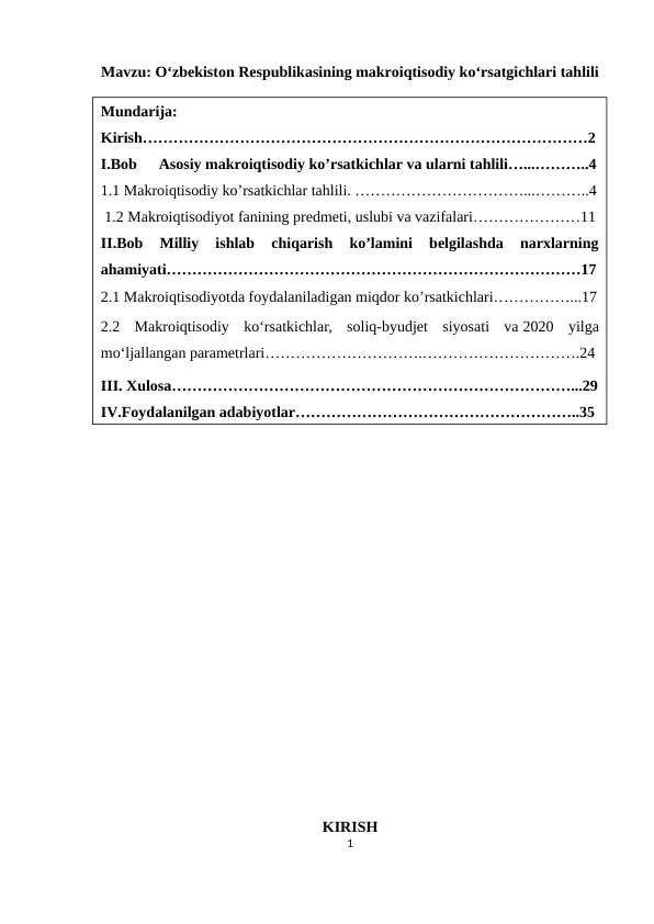 Oʻzbekiston respublikasining makroiqtisodiy koʻrsatgichlari tahlili