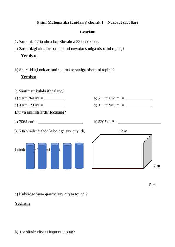 5-sinf Matematika fanidan 3-chorak 1 – Nazorat savollari