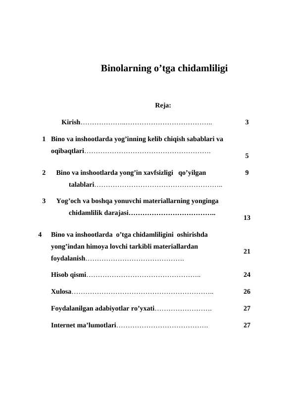 Binolarning o’tga chidamliligi