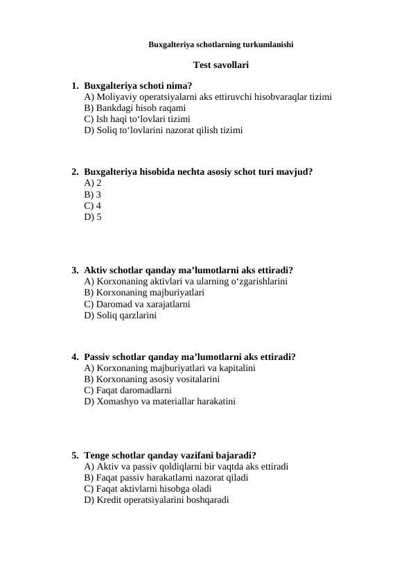 Buxgalteriya schotlarning turkumlanishi