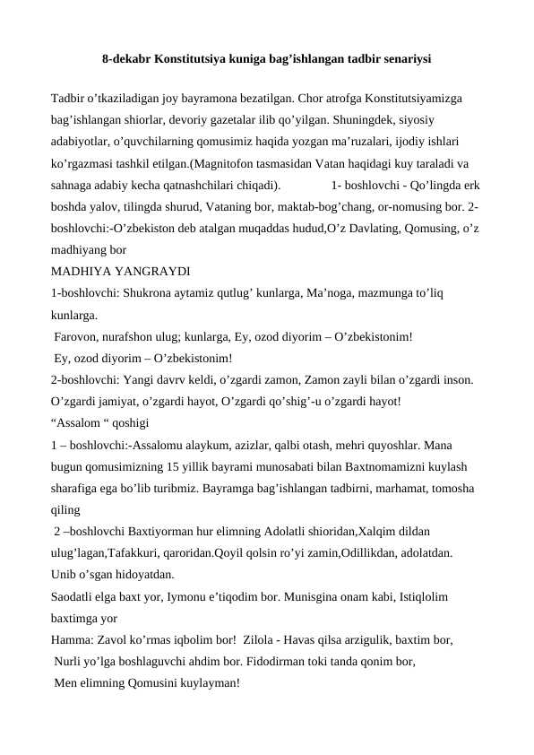 8-dekabr Konstitutsiya kuniga bag’ishlangan tadbir senariysi