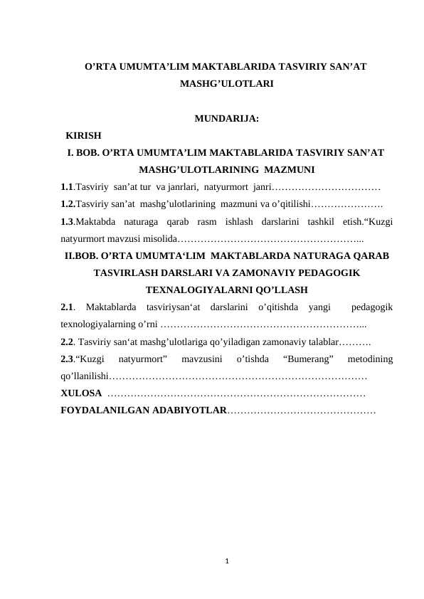 O’RTA UMUMTA’LIM MAKTABLARIDA TASVIRIY SAN’AT  MASHG’ULOTLARI