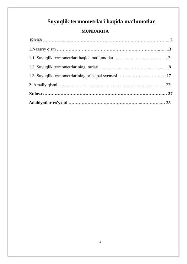 Suyuqlik termometrlari haqida ma‘lumotlar Kurs ishi