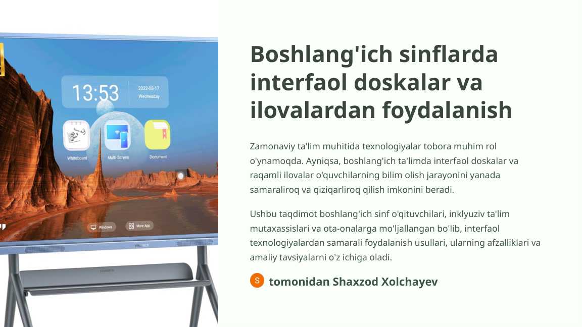 Boshlang'ich sinflarda interfaol doskalar va ilovalardan foydalanish
