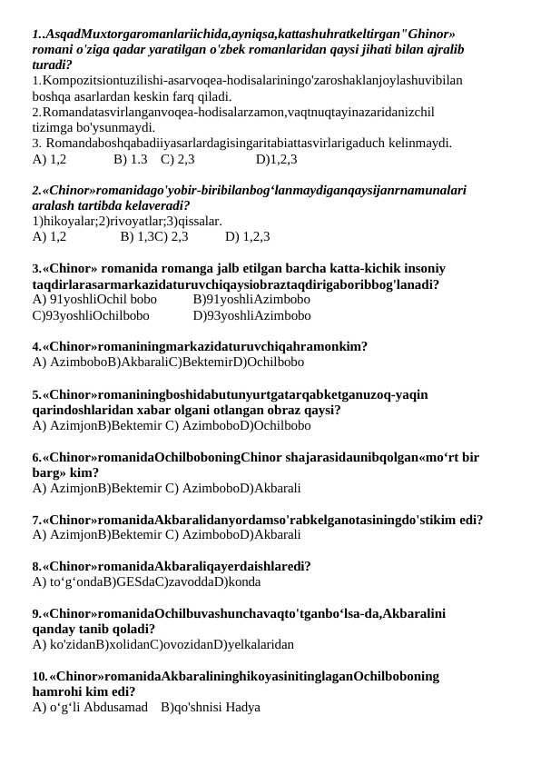 Chinor romani bo'yicha 39 ta test javobli