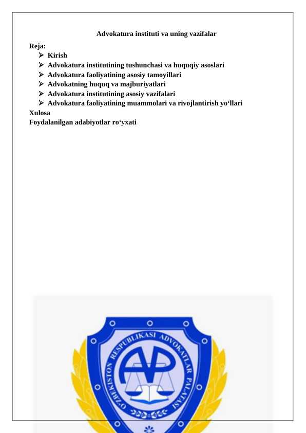 Advokatura instituti va uning vazifalar