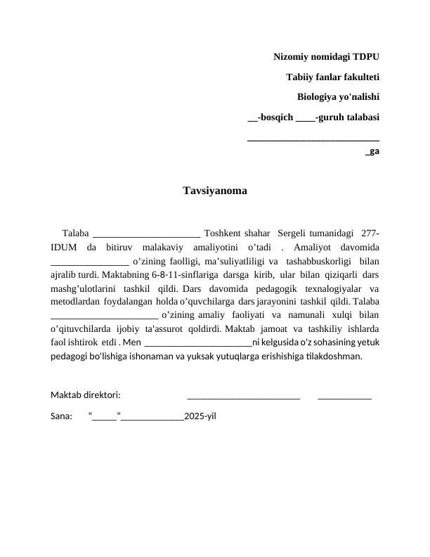 Tavsiyanoma. Maktablarda amaliyot o‘tagan talabalar uchun