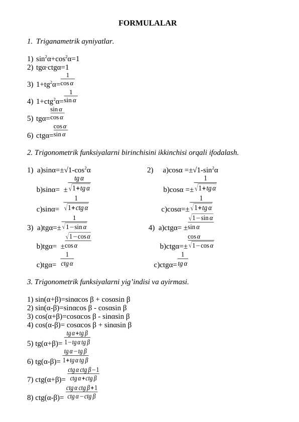 Trigonometrik formulalar