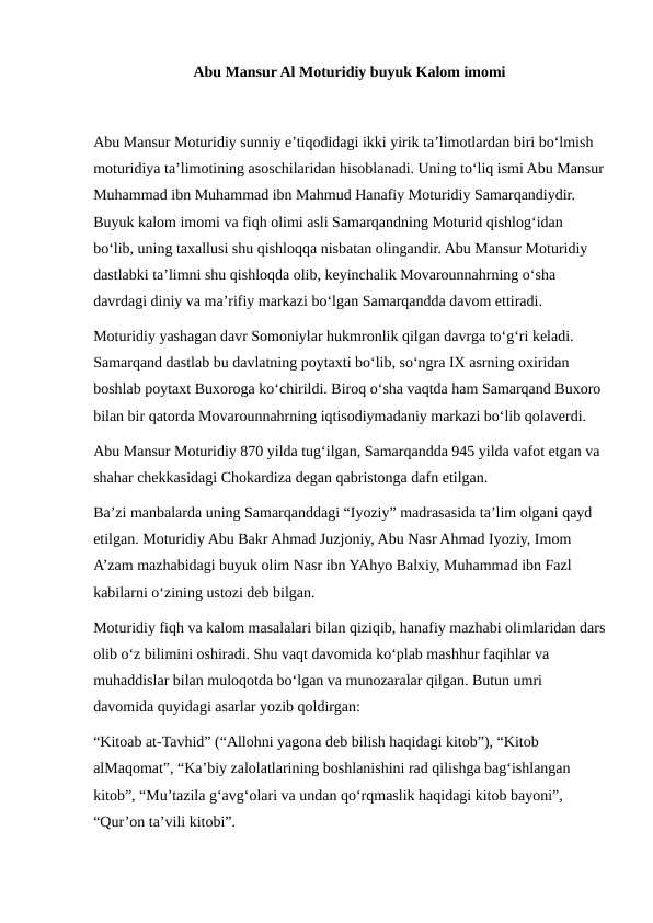 Abu mansur al moturidiy buyuk kalom imomi