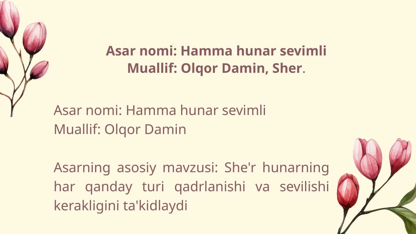 Asar nomi: Hamma hunar sevimli Muallif: Olqor Damin, Sher.Asar nomi:Abu Ali ibn Sino, Rivoyat