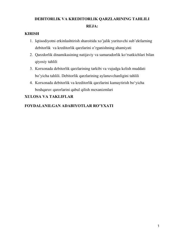 DEBITORLIK VA KREDITORLIK QARZLARINING TAHLILI