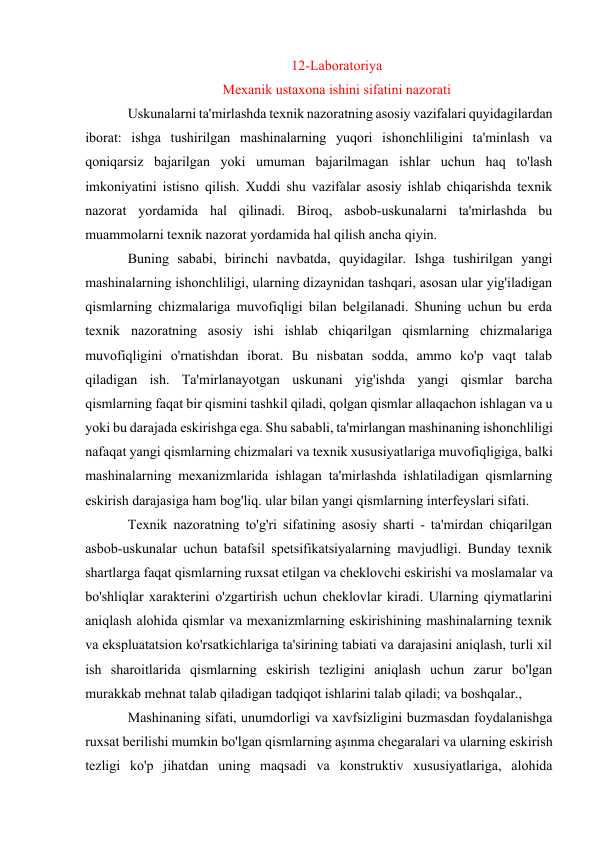 Mexanik ustaxona ishini sifatini nazorati
