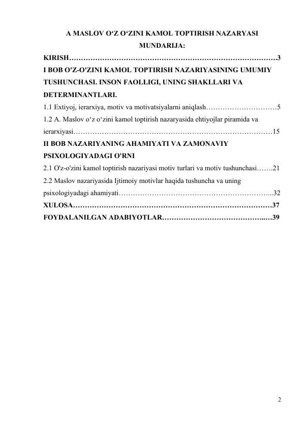 A MASLOV OʻZ OʻZINI KAMOL TOPTIRISH NAZARYASI