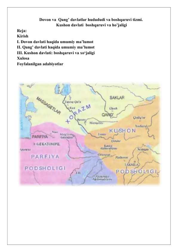Qang Dovon va Qang’ davlatlar hudududi va boshqaruvi tizmi Kushon davlati ...