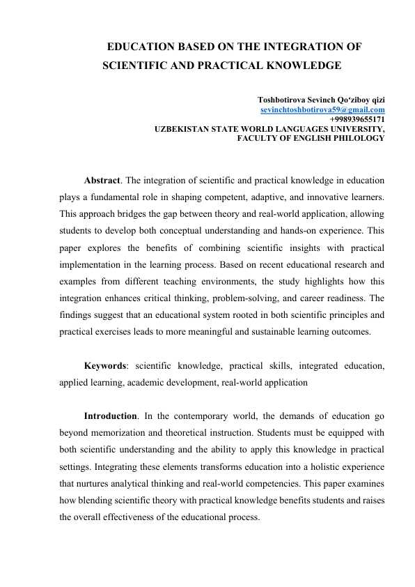 EDUCATION BASED ON THE INTEGRATION OF SCIENTIFIC AND PRACTICAL KNOWLEDGE