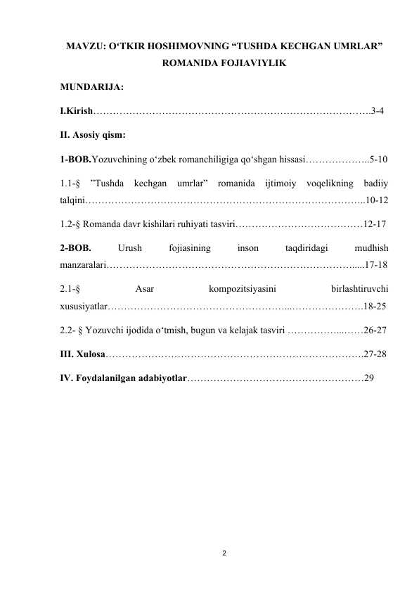 OʻTKIR HOSHIMOVNING “TUSHDA KECHGAN UMRLAR” ROMANIDA FOJIAVIYLIK