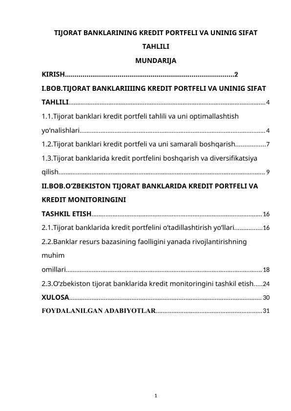 TIJORAT BANKLARINING KREDIT PORTFELI VA UNINIG SIFAT TAHLILI