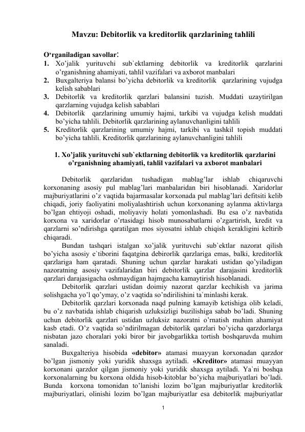 Debitоrlik va kreditоrlik qarzlarining tahlili