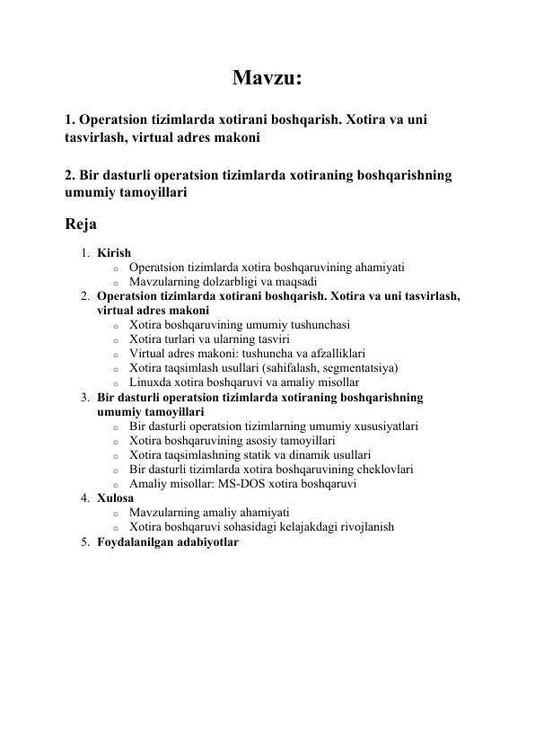 Operatsion tizimlarda xotirani boshqarish