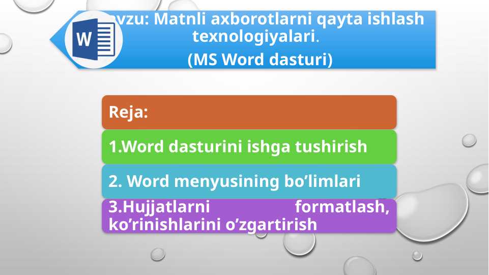 Ms Word Rasm Matnli axborotlarni qayta ishlash texnologiyalari. (MS Word dasturi)
