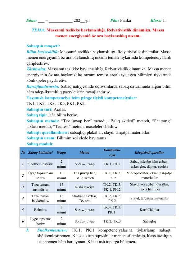 Massanıń tezlikke baylanıslılıǵı. Relyativistlik dinamika. Massa menen energiyaníń óz ara baylanıslılıq nızamı