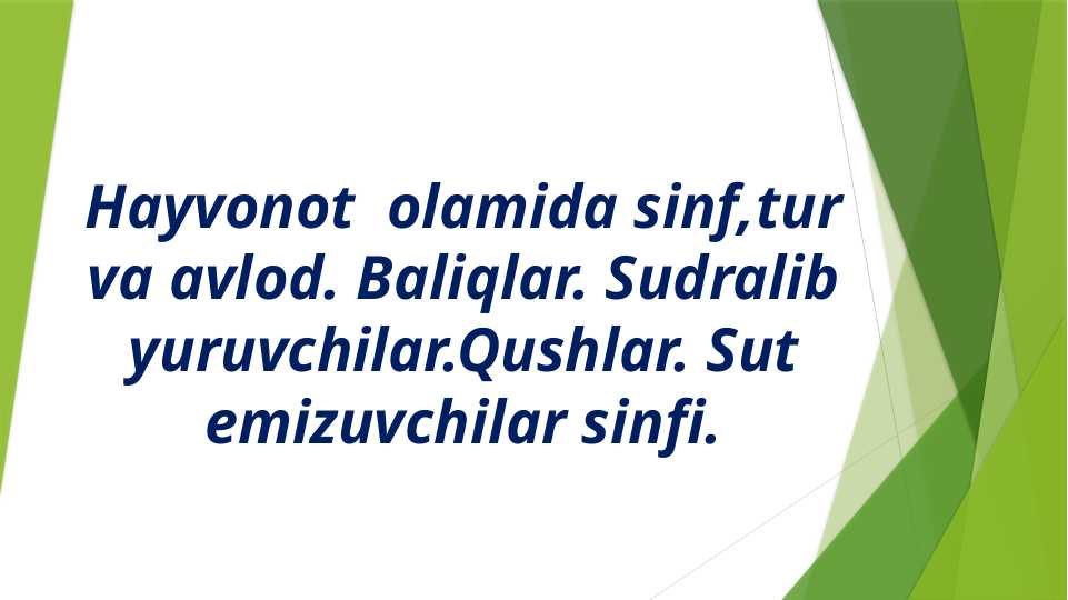 Hayvonot olamida sinf,tur va avlod. Baliqlar. Sudralib yuruvchilar.Qushlar. Sut emizuvchilar sinfi