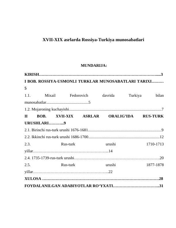 XVII-XIX asrlarda Rossiya-Turkiya munosabatlari