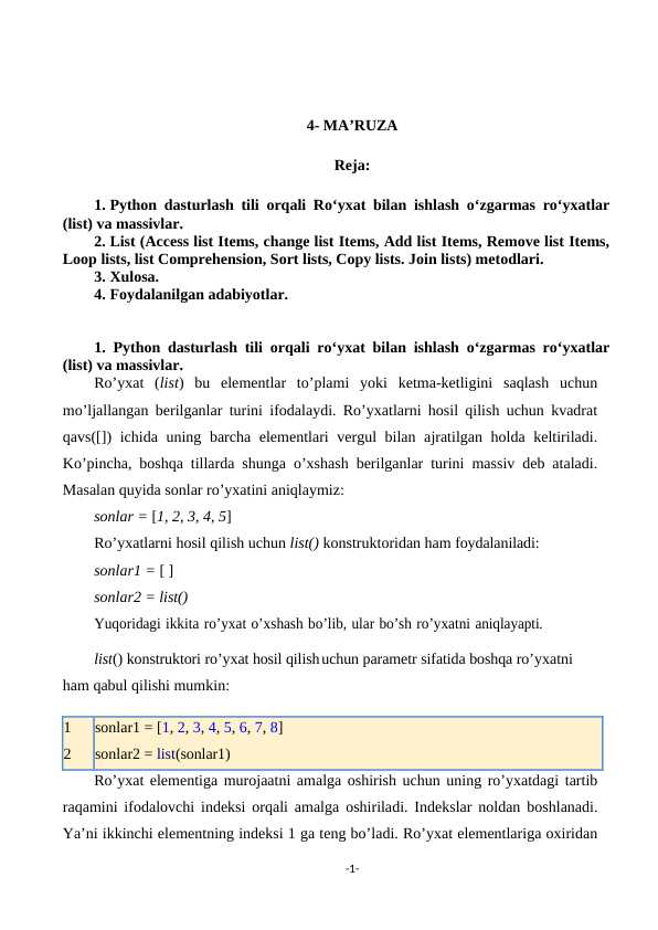 4 Ma'ruza Python dasturlash tili orqali Ro‘yxat bilan ishlash o‘zgarmas ...