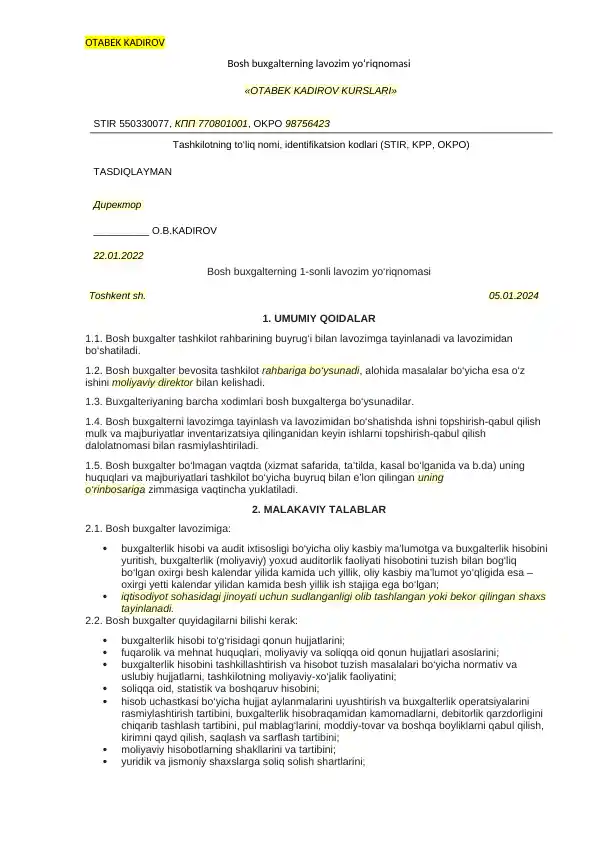 Bosh buxgalterning lavozim yo‘riqnomasi