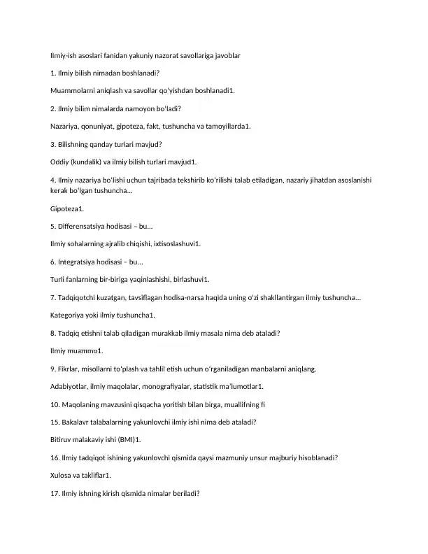 Ilmiy-ish asoslari fanidan yakuniy nazorat savollariga javoblar