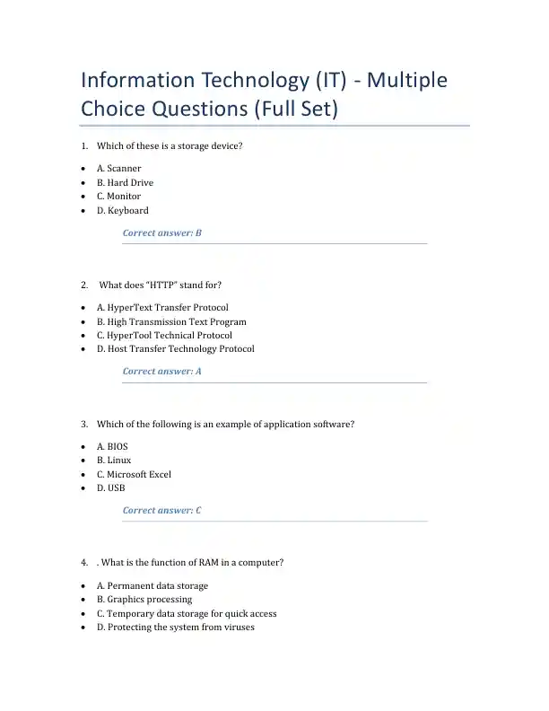 Information Technology (IT) - Multiple Choice Questions (Full Set)