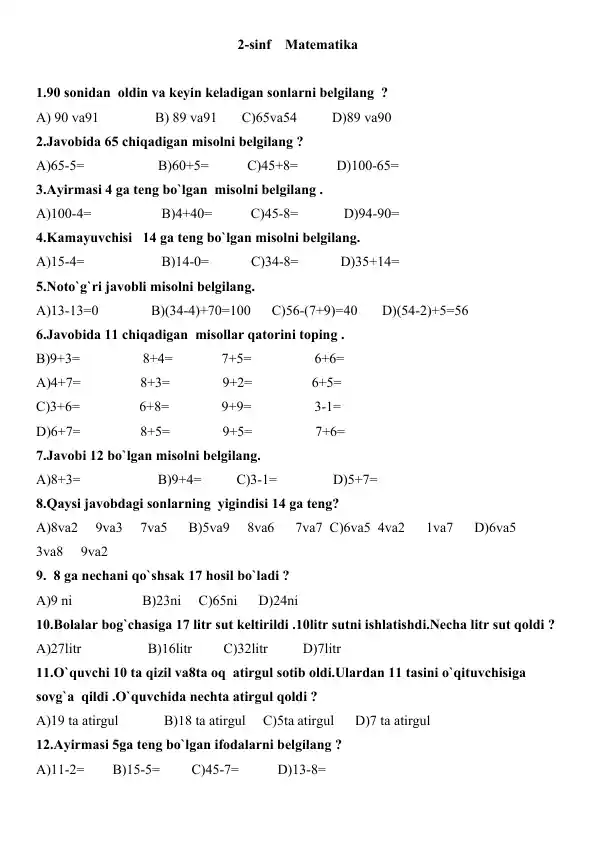 Neccha 2-sinf matematika fanidan test, javoblari bilan