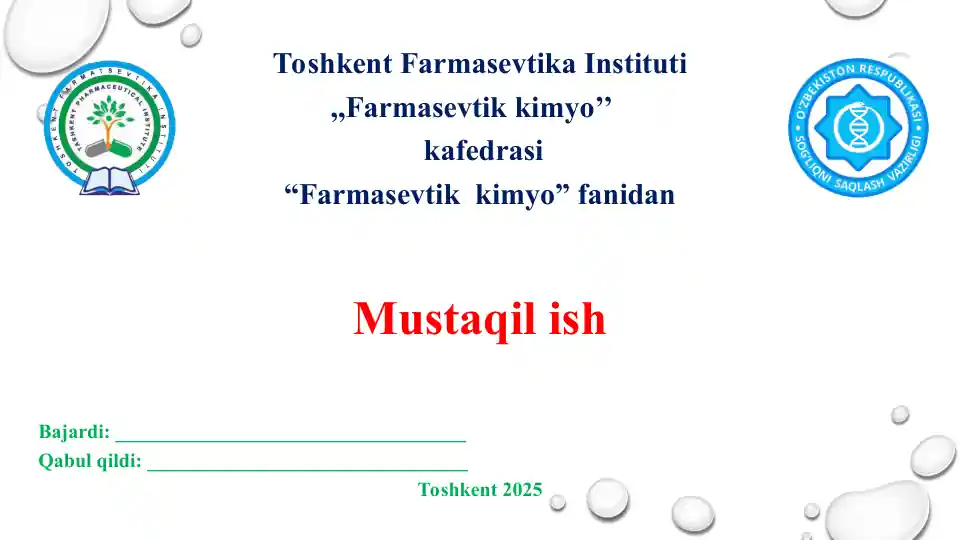 Noorganik dori vositalarining sifatini nazorat qilishdagi fiziko-kimyoviy tahlil usullari. Taqdimot, 25 bet