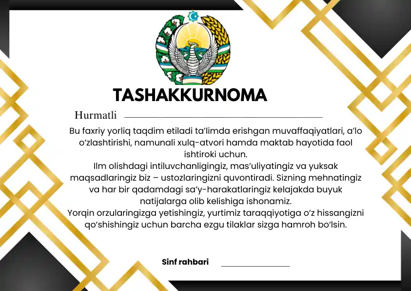 Tashakurnoma, Faxriy yorliq  faxriy va maqtov yorlig'i namunasi   Maqtov yorliq