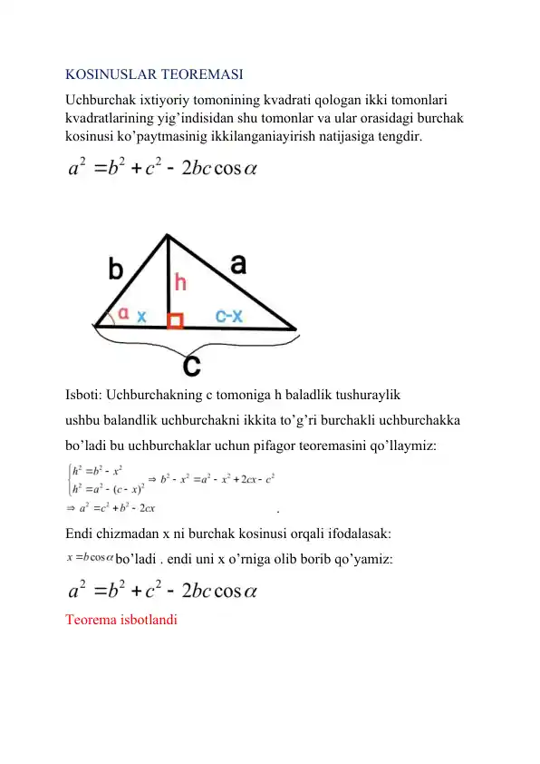 KOSINUSLAR TEOREMASI ISBOTI