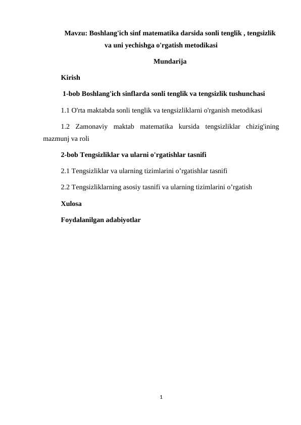 Boshlang'ich sinf matematika darsida sonli tenglik , tengsizlik va uni yechishga o'rgatish metodikasi