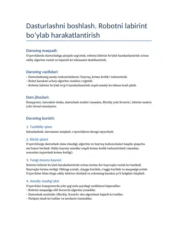 Dasturlashni boshlash. Robotni labirint bo‘ylab harakatlantirish