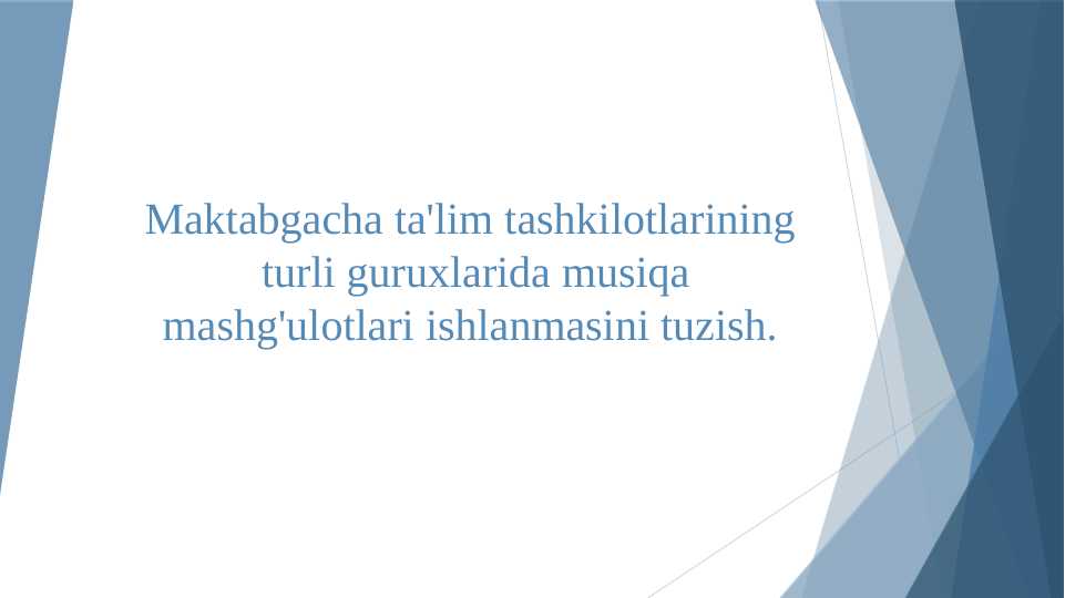 Maktabgacha ta'lim tashkilotlarining  turli guruxlarida musiqa mashg'ulotlari ishlanmasini tuzish.