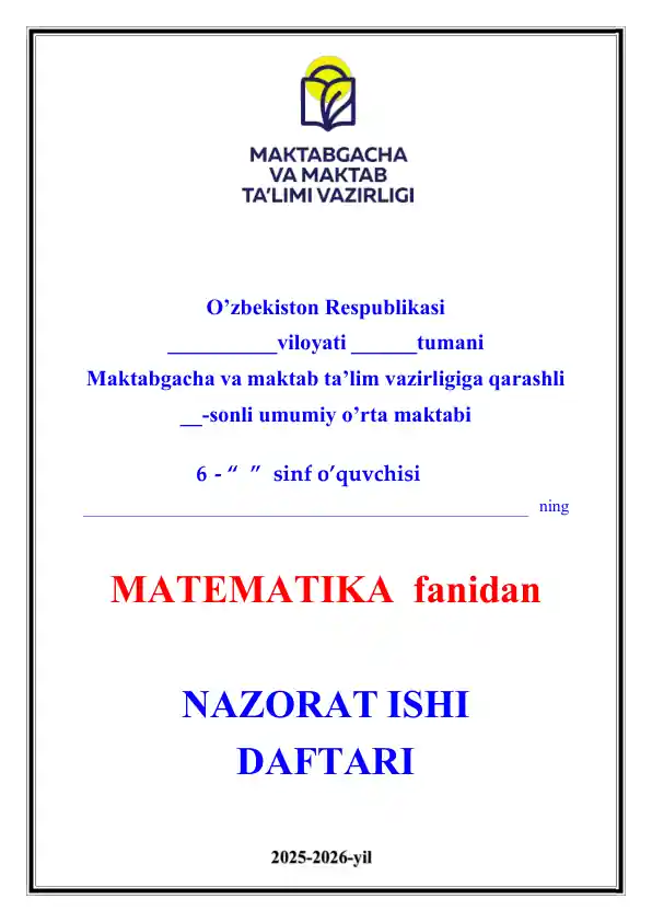 6-sinf Matematika Nazorat ishi 2025-2026-yil uchunmaxsus yangi darslikdan