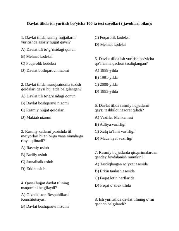 Davlat tilida ish yuritish bo‘yicha 100 ta test savollari ( javoblari bilan)