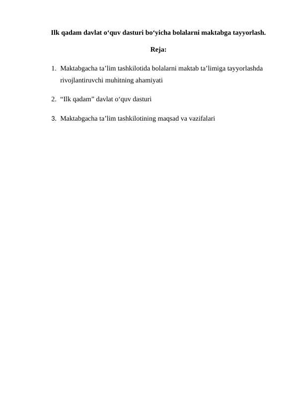 Ilk qadam davlat oʻquv dasturi boʻyicha bolalarni maktabga tayyorlash