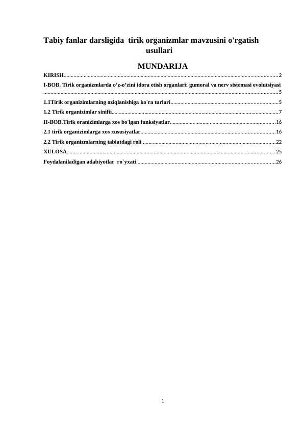 Tabiy fanlar darsligida tirik organizmlar mavzusini o'rgatish usullari